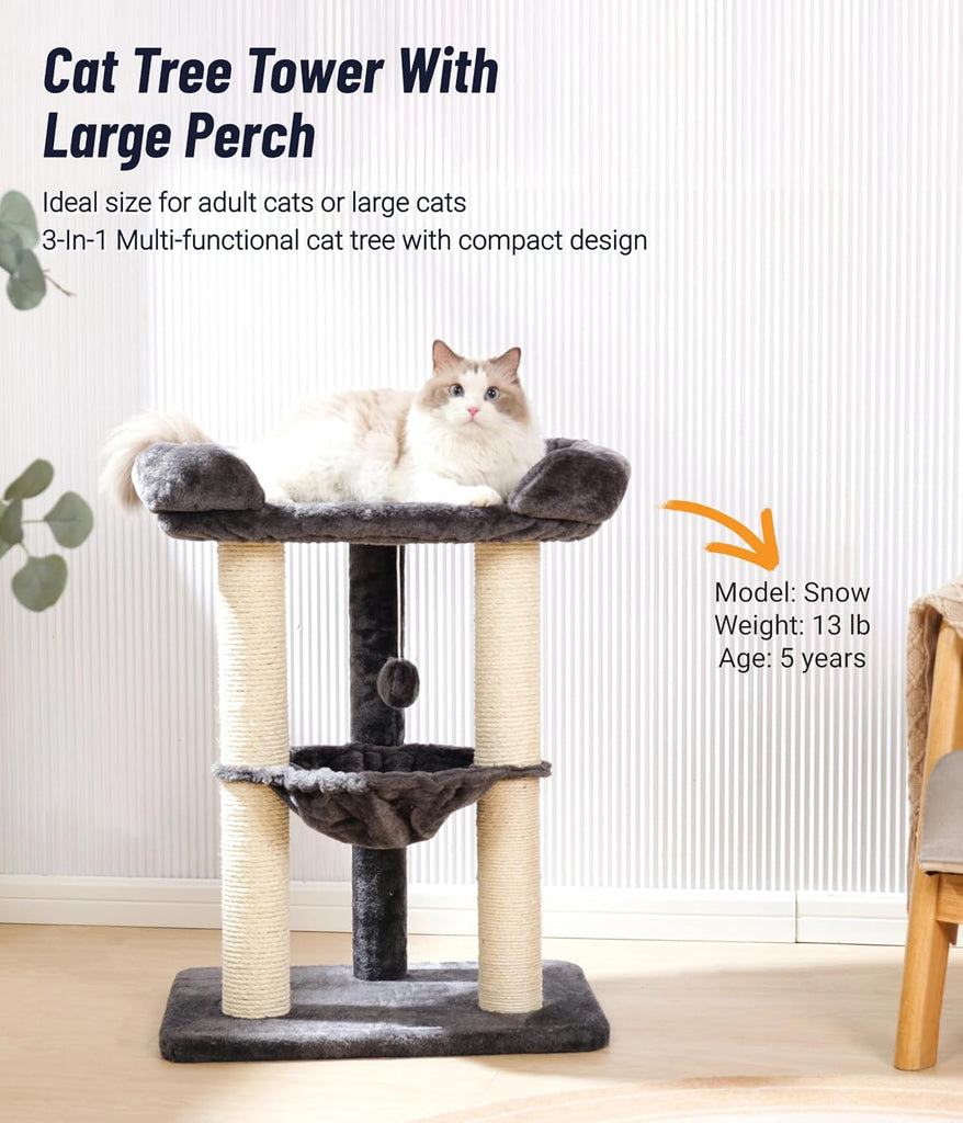 28" Cat Tree, Large Bed for Big Cats, Small Cat Tower with Soft Perch for Window Viewing, Stable Cat Tree Tower