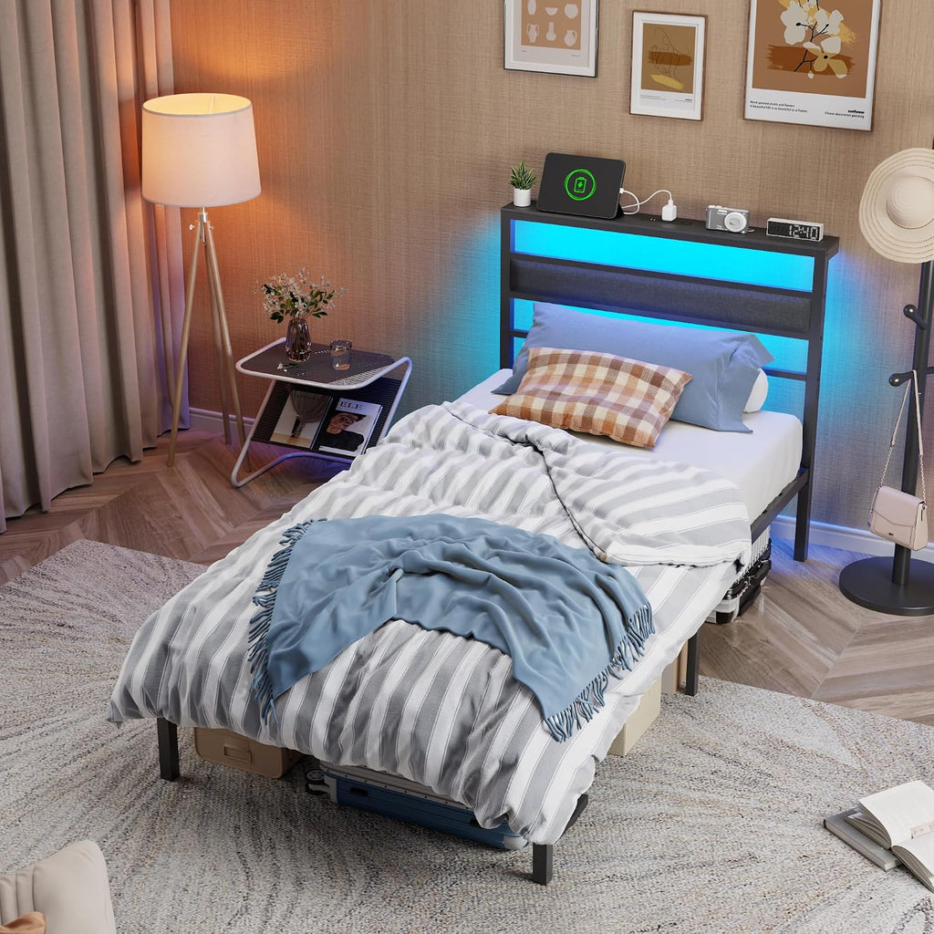 Twin Bed Frames for Kids, Upholstered Headboard and Storage Shelf | led lights, under-bed storage, no box spring