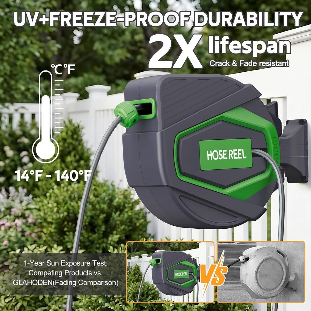 Retractable Garden Hose Reel, 1/2 in x 100 Ft, for Garden Watering | Wall Mounted Auto Rewind Hose Reel & Lock Any