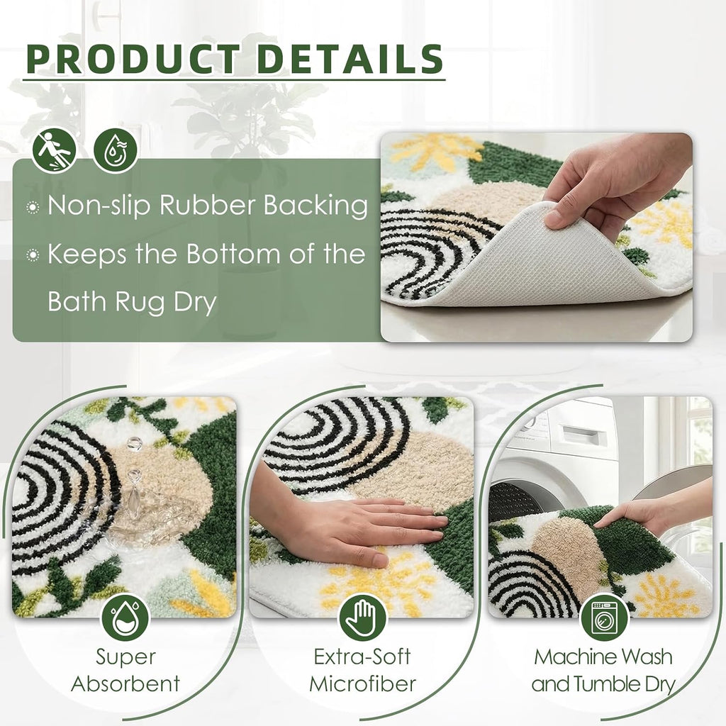 Boho Abstract Gold Plant Bathroom Rug Set 2 Piece Fluffy Microfiber Non-Slip Water Absorbent Bath Mat Soft Washable