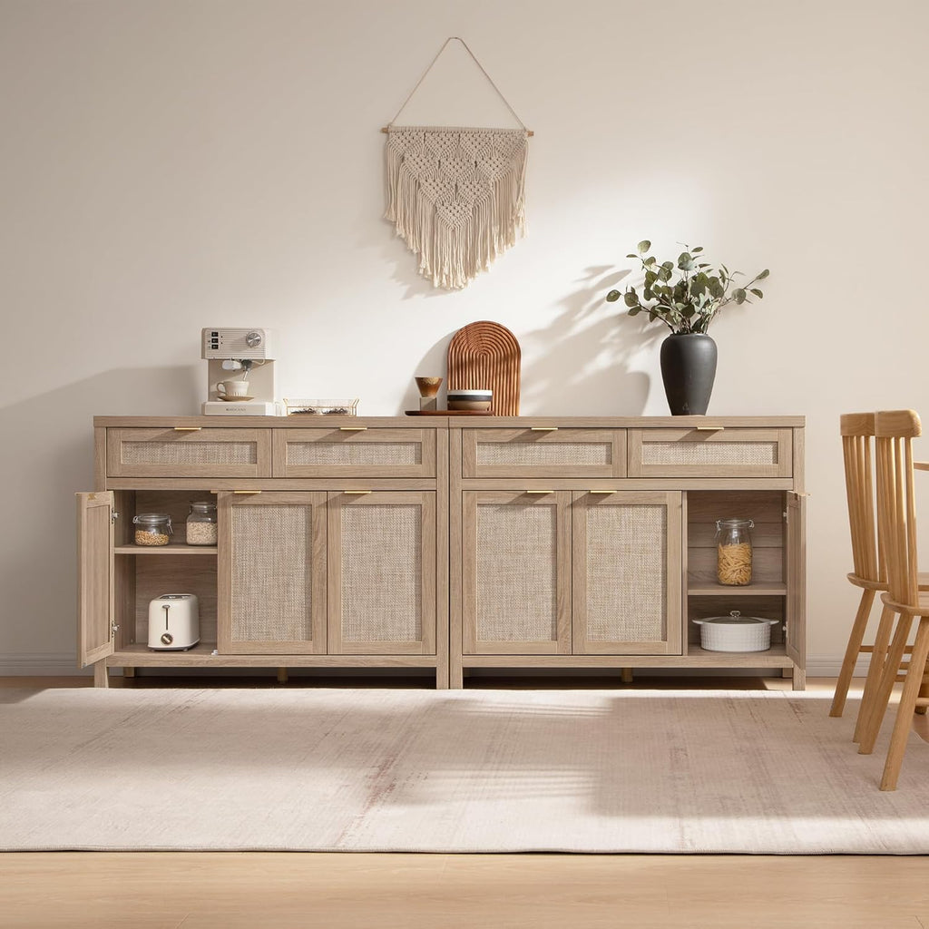 Rattan Sideboard Buffet Cabinet with Storage, Boho Credenza Accent Cabinet with 3 Doors and 2 Drawers