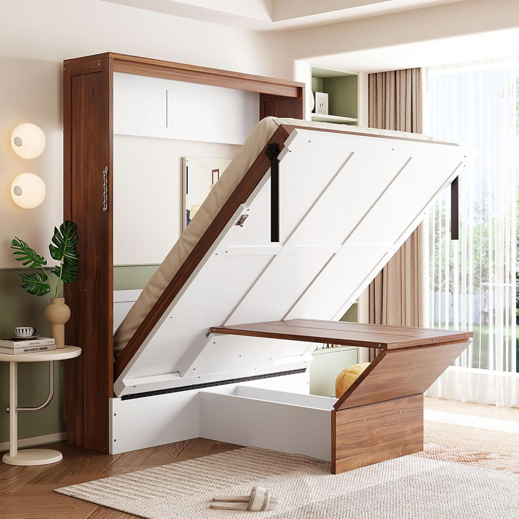 Full Murphy Bed with Desk, Wood Folding Hideaway Space Saving Murphy Wall Bed for Adults (White)