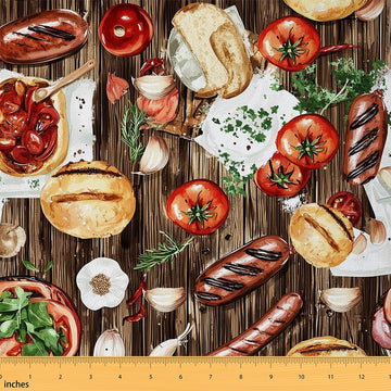 Delicious Food Fabric by The Yard Watercolor Hamburger Steak Sausage No Stretch Fabric Farm Vegetables Rustic