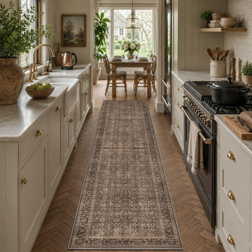 2x10 Brown Vintage Floral Low Pile Non Slip Washable Boho Runner Rug