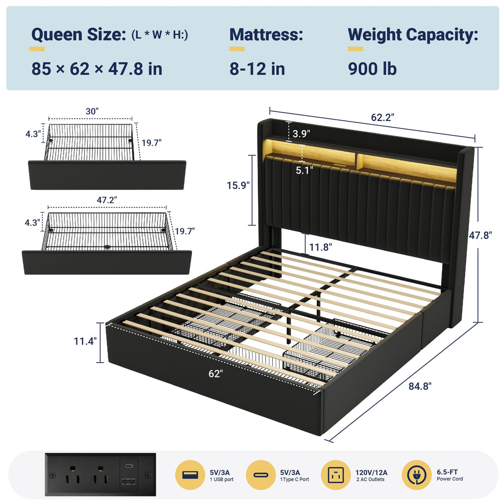 Queen Upholstered Platform Bed Frame with 3 Spacious Storage Drawers, Built-in LED Lights & Charging Station