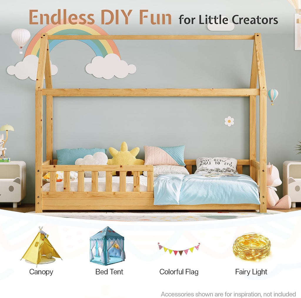 Twin Size House Bed for Kids with Guardrails, Natural Wood | 100% Solid Wood Construction, Removable Rails, Full