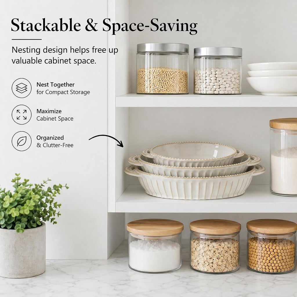 Casserole Dish for Oven, Ceramic Dishes Set, Oval Hobnail Bakeware Set of 3, 9.25"/12.28"/14.37" Dishes with Handle