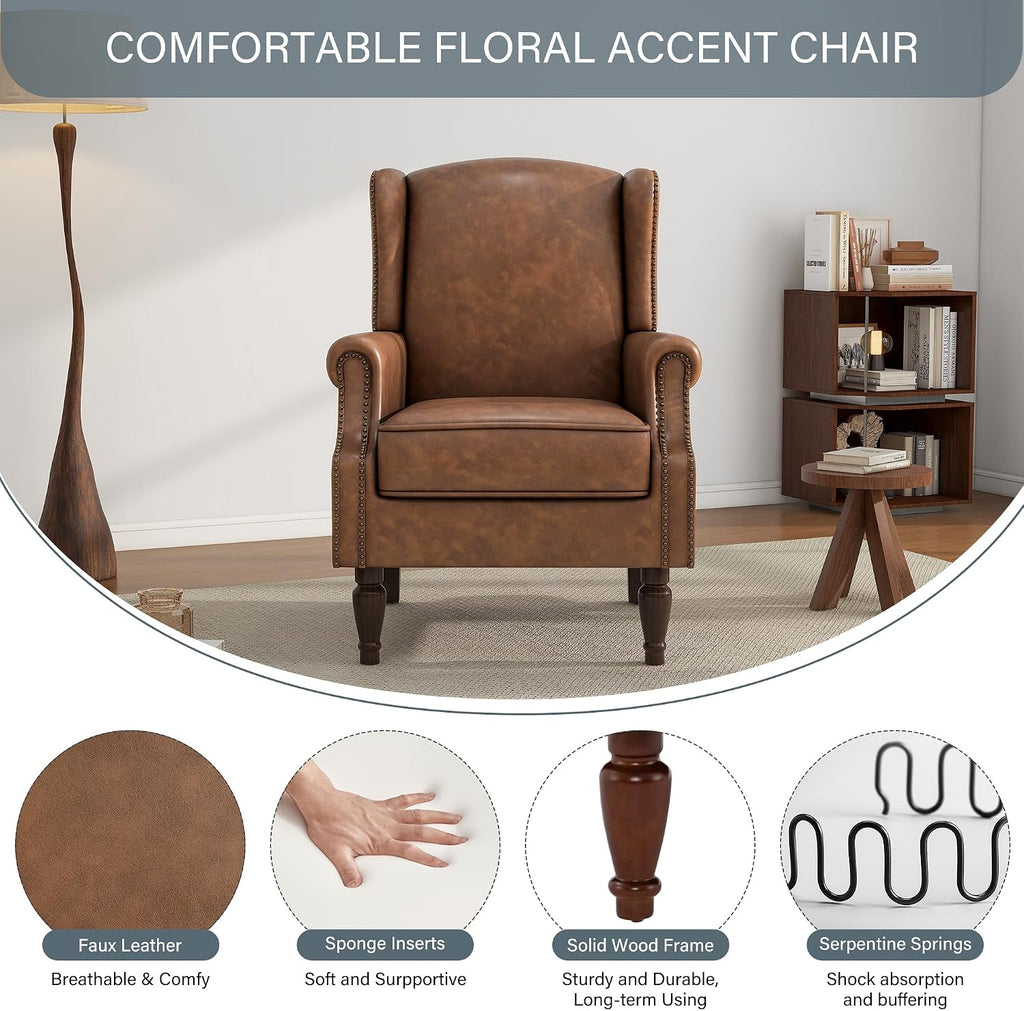 PU Leather Wingback Accent Chair, Upholstered High Back Armchair | Modern Reading Seat with Wooden Legs & Removable