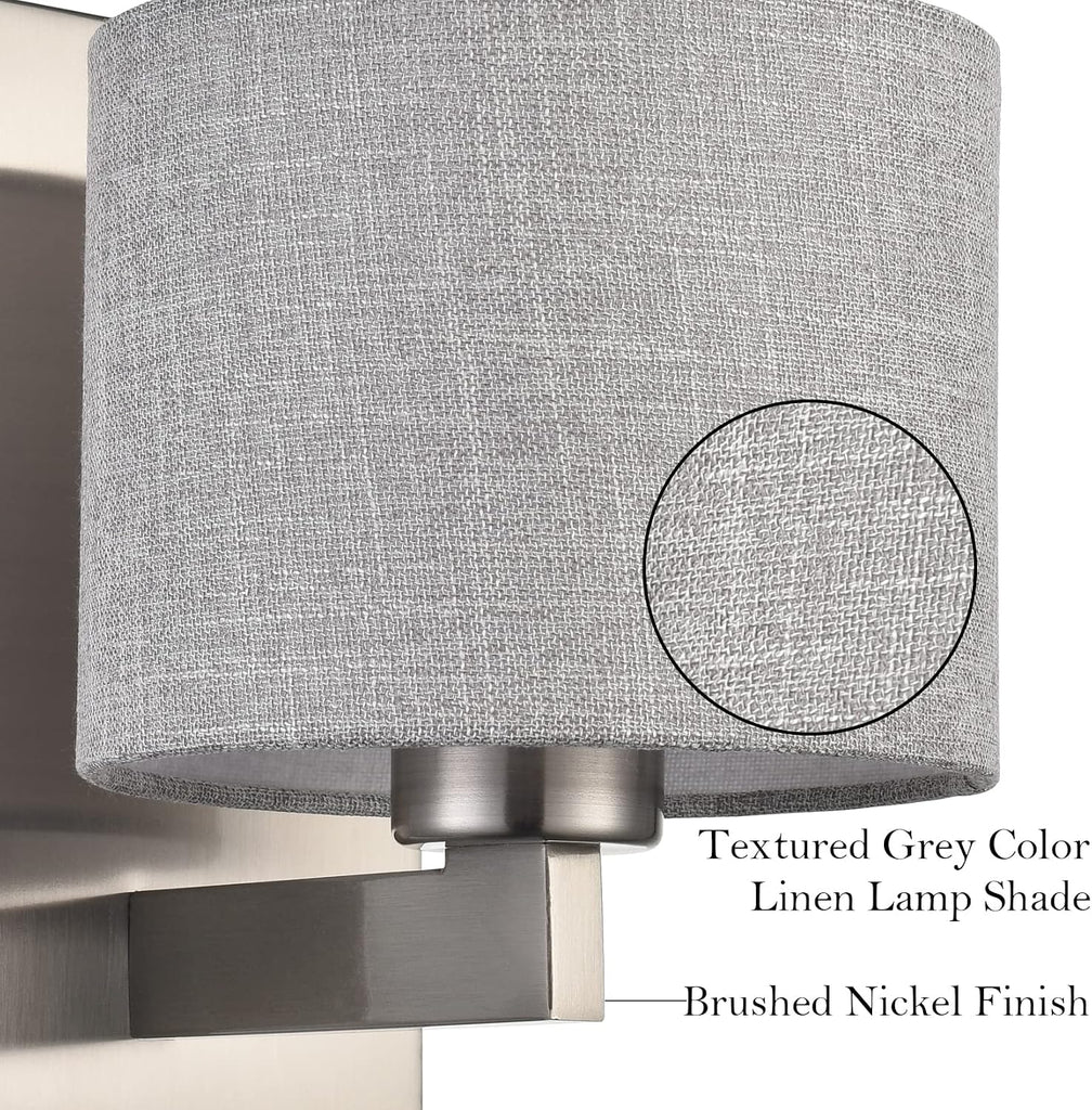 Modern Brushed Nickel Wall Sconces Set of 2 | Linen Drum Shade Wall Sconce, 1-Light Silver Wall Mount Lamp Hallway