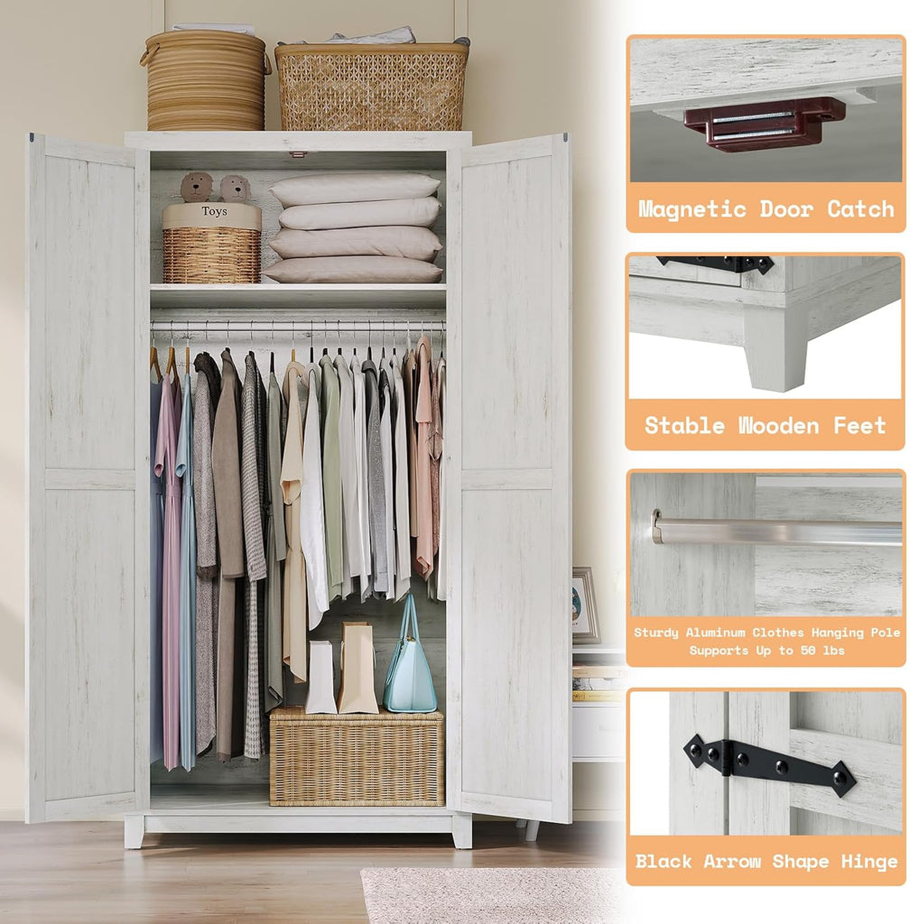 70" Large Armoire Wardrobe Closet with Hanging Rod, Farmhouse Clothing Storage Cabinet with 2 Barn Doors, Wooden Tall