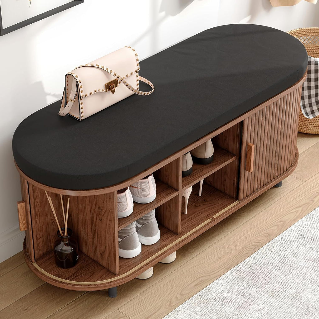 43" Shoe Bench with Storage, Fluted Shoe Storage Bench with Cushion, Sliding Door and Adjustable Shelf, , Walnut