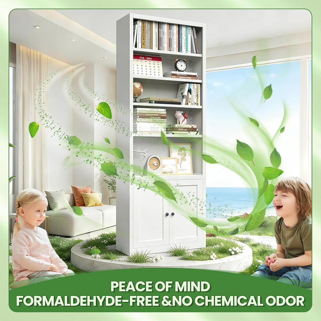 71" Metal Bookcase with Adjustable Shelves 7 Tier Bookshelf with Doors,Tall Display Cabinet Industrial Bookshelves