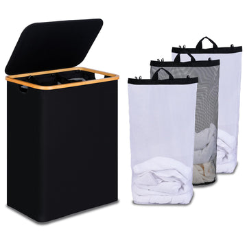 Laundry Hamper 3 Section with lid and 3 Removable Bags, Black