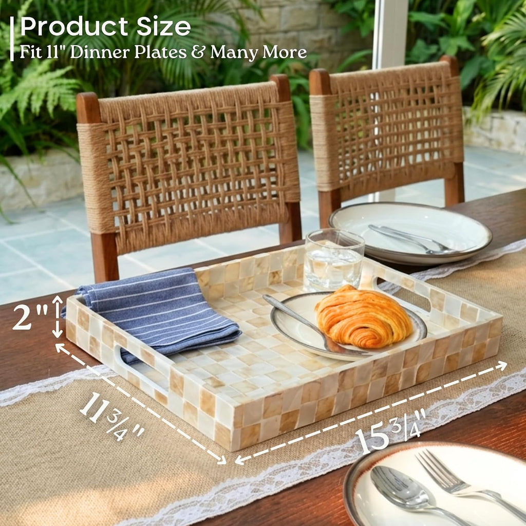 15.8" x 11.8" Rectangle Serving Tray with Handles, Capiz Shells Checkered Rectangular Tray for Ottoman Table, Mother