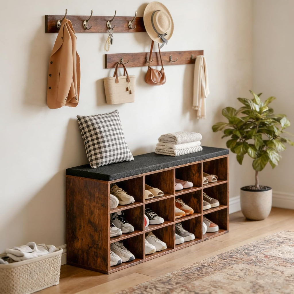 Shoe Storage Bench with Cushion, 39.4" L Entryway Bench with 12 Cubbies, Entryway Hall Tree with Storage, Shoe