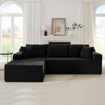 Black Corduroy Boneless Sectional Couches, Fluffy Cloud Modular Sofa with L-Shape Chaise, Modern Comfy Deep Compress