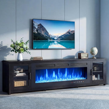 90" Fireplace TV Stand, Modern Entertainment Center with 60 Inch Electric Fireplace, Adjustable Shelf & Glass Door