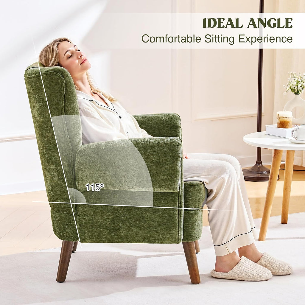 Chenille Wingback Accent Chairs Set of 2, Mid-Century Modern Living Room Armchair with Removable Cushions, High