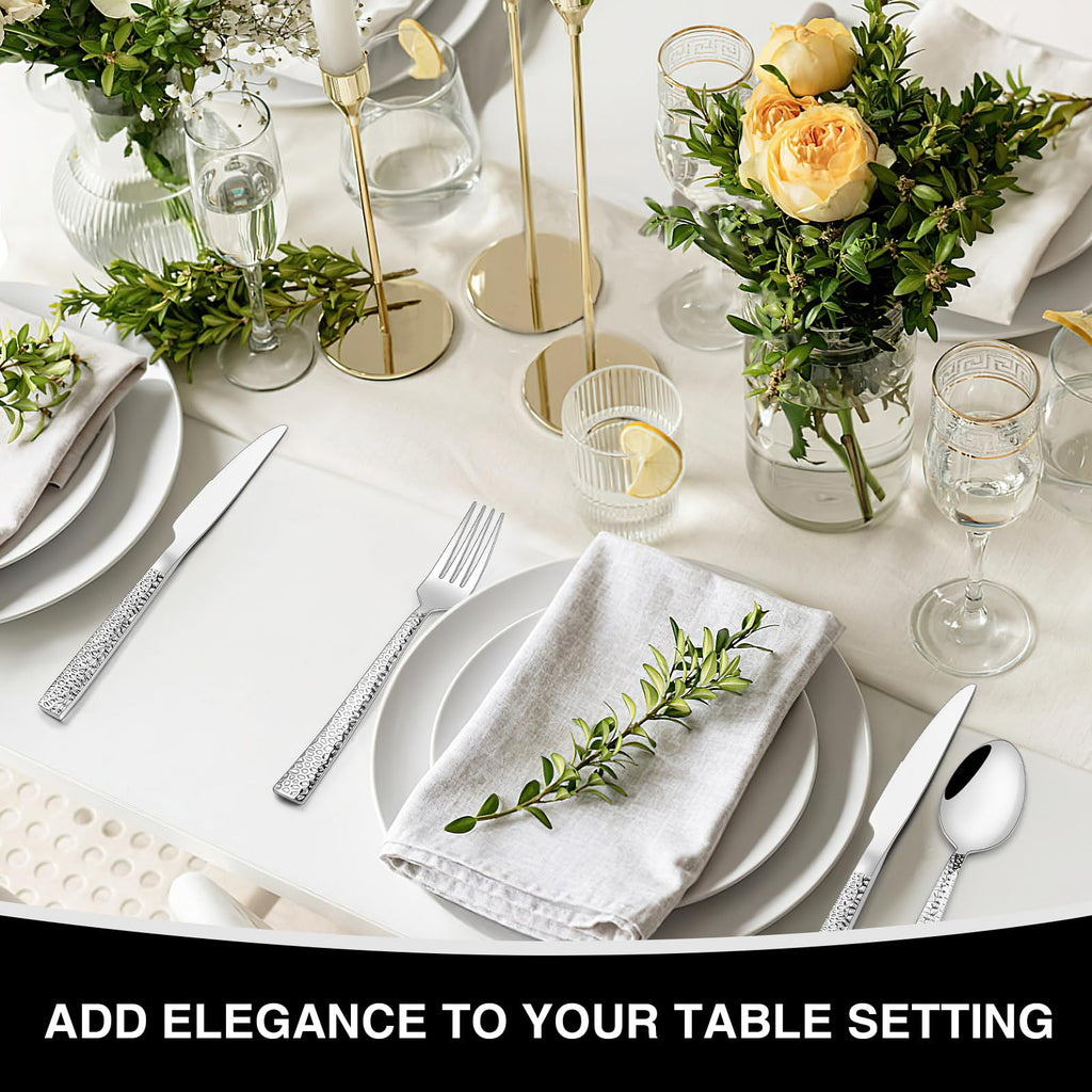Hammered Silverware Set, 40-Piece Stainless Steel Square Flatware Set for 8, Food-Grade Tableware Cutlery Set