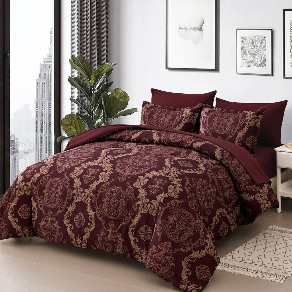 Burgundy Comforter Set Full Size, Maroon Damask Texture 7 Pieces Bed in a Bag Microfiber Comforter Bedding Sets -1