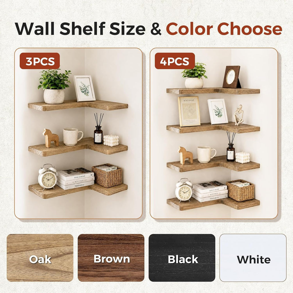 Solid Wood Corner Floating Shelves, L-Shaped, Oak, Set of 3 | Hidden Brackets, Space-Saving Wall Storage