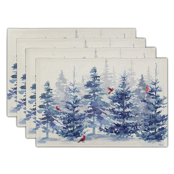 Winter Blue Pine Tree Placemats Set of 4,12 x 18 Inch Forest Xmas Red Bird Heat Resistant Place Mats Linen Table Mats