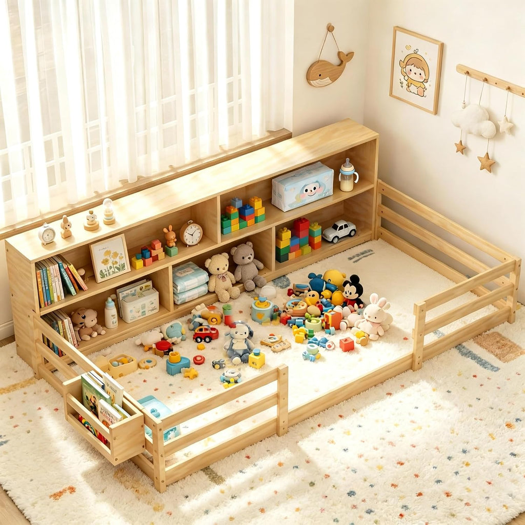 Twin Floor Bed for Kids, Wooden Montessori Bed Frame with Bookcase, Bedside Storage Shelves & Guardrails, Versatile