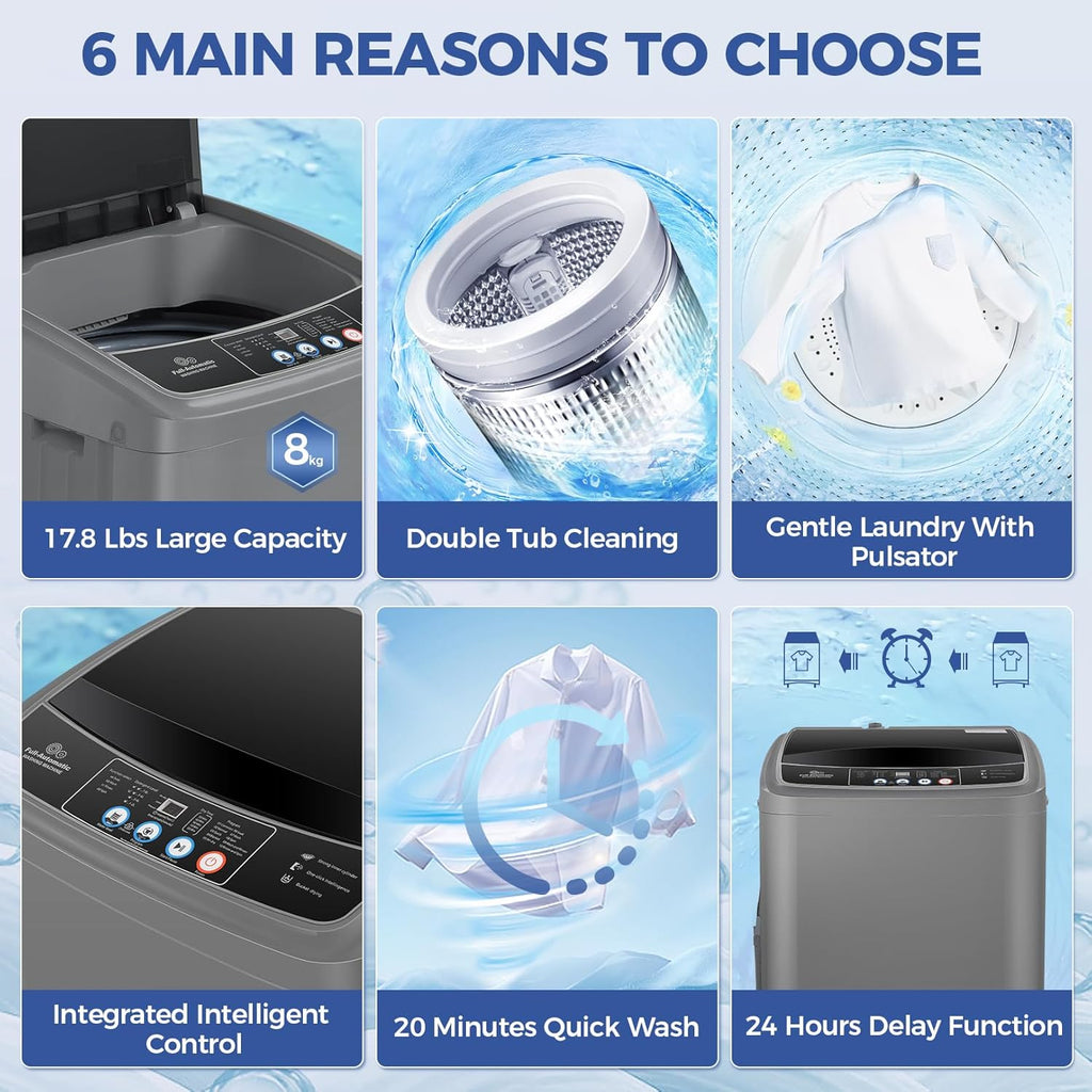 Portable Washing Machine, 17.8Lbs Portable Washer Machine, 2.4Cu.ft Compact Laundry Washer and Dryer Combo with Drain