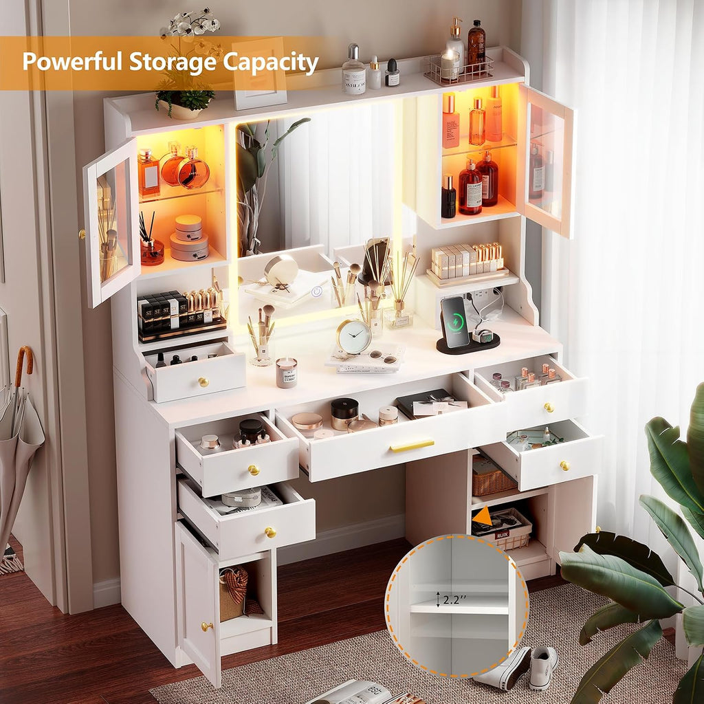 White Makeup Vanity Desk with LED Mirror & RGB Cabinets | Vanity Table with Charging Station and 6 Storage Drawers