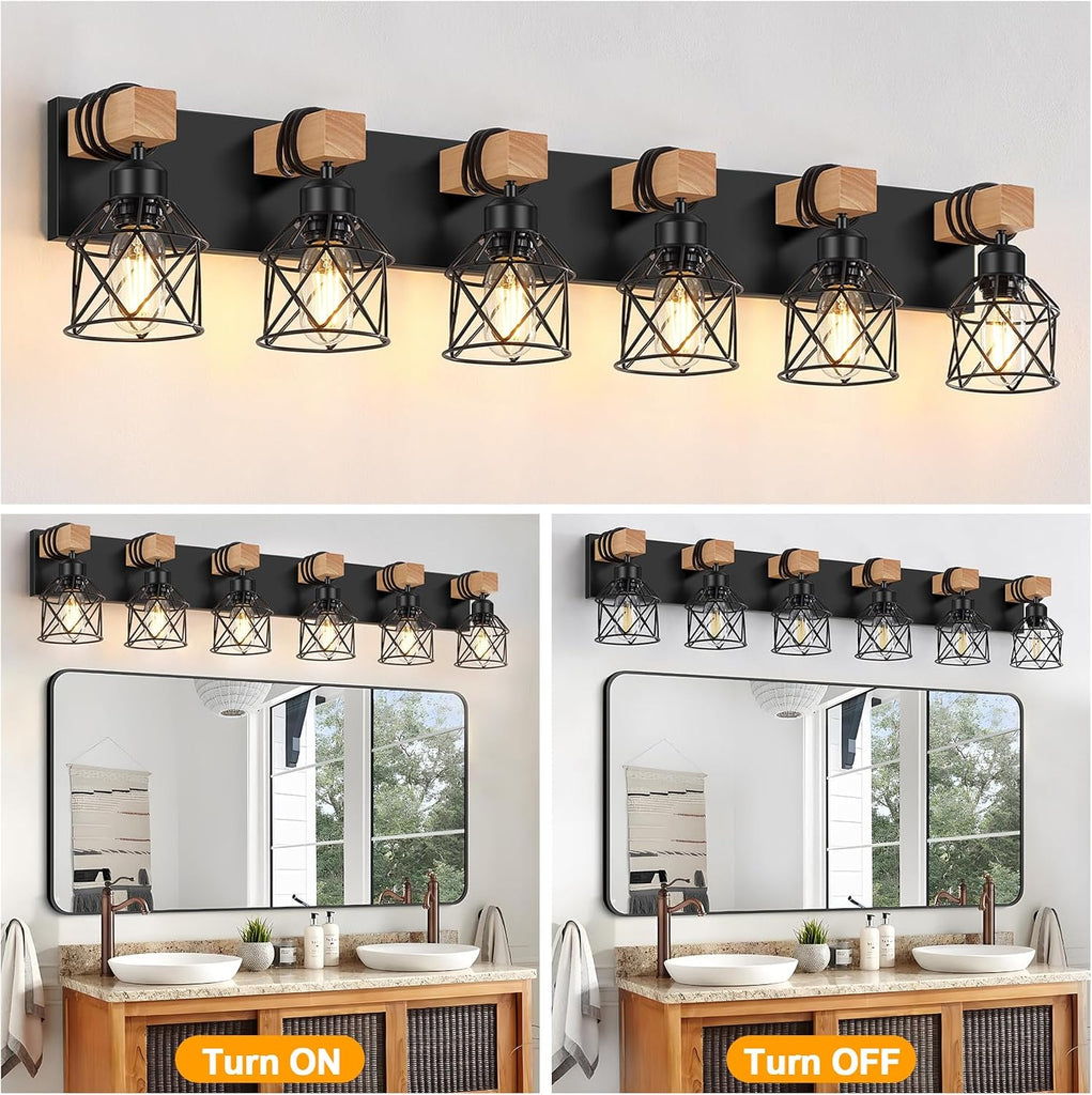 6-Light Bathroom Vanity Light, Bathroom Wall Lamps Over Mirror | Rustic Wood & Black Metal Shade, Wood Black Vanity