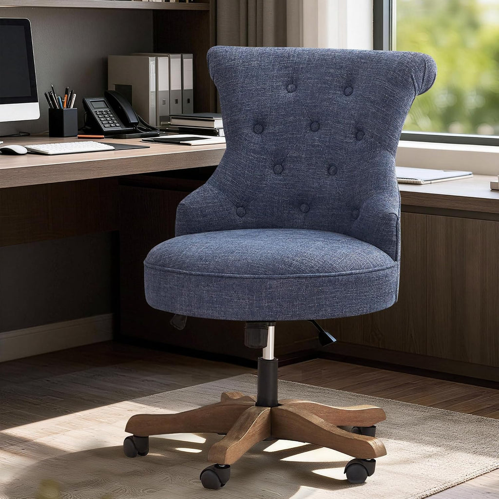 Home Upholstered Armless Desk Chair with Wheels Adjustable Height Computer Desk Chair with Wooden Legs Linen