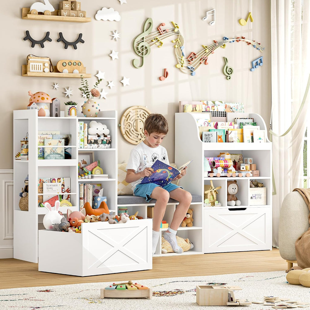 Kids Bookshelf with Reading Nook, Toy Organizer with Seat Bench | Large Toy Storage Toy Organizer with Seat Cushion