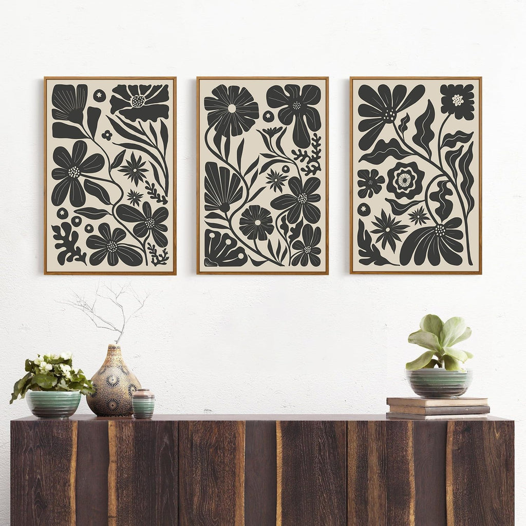 Black Floral Botanical Framed Canvas Wall Art Set, Abstract Floral Market Wall Decor, Modern Vintage Wall Painting