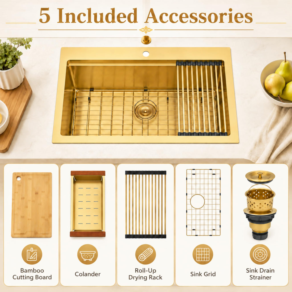 Drop In Gold Kitchen Sink 33"X22", Single Bowl Modern Kitchen Sink