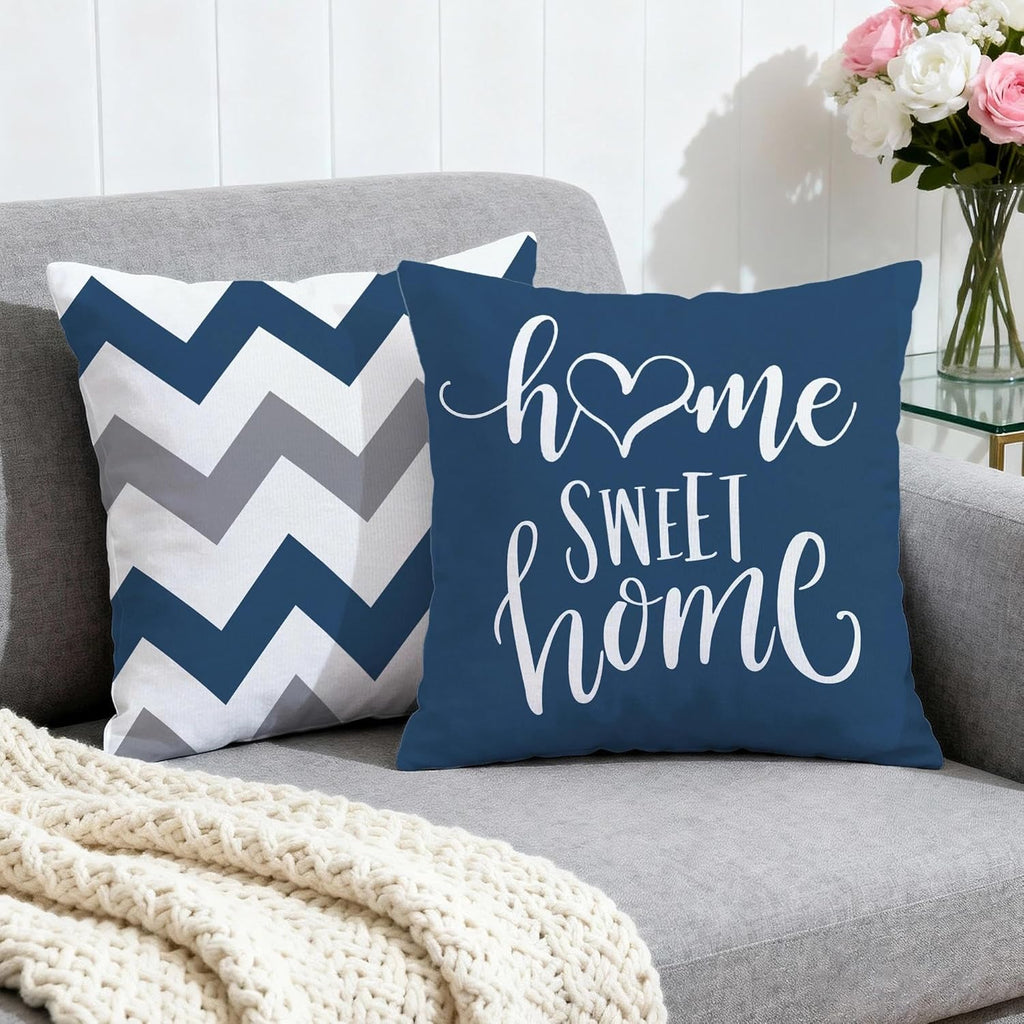 Geometric Blue Pillow Covers 18x18 Set of 4, Decorative Outdoor Boho Modern Throw Pillow Covers, Home Sweet Home