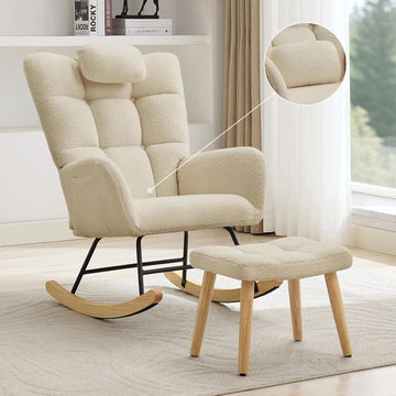 Nursery Rocking Chair with Ottoman, Teddy Upholstered Glider Rocking Chair with High Backrest, Armchair Reading Chair