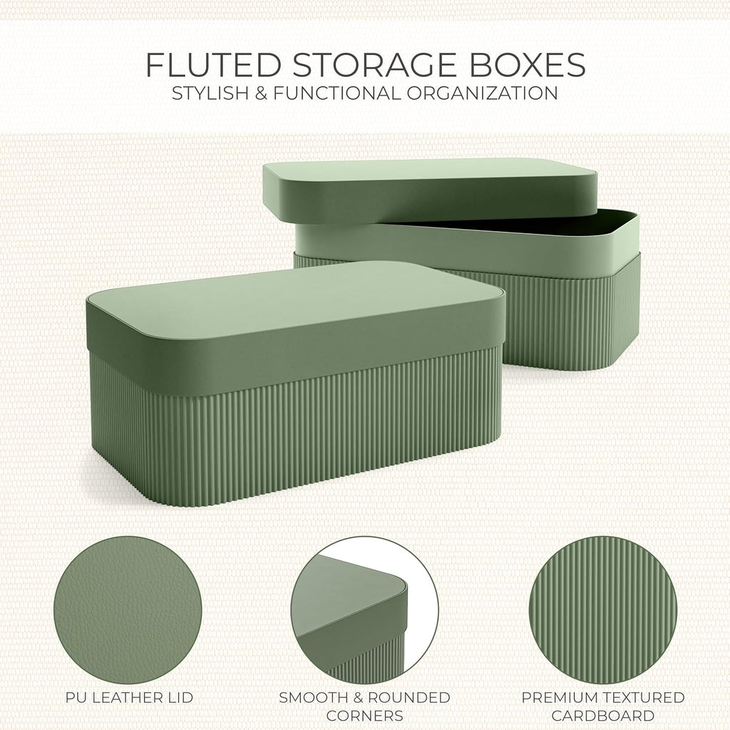 Decorative Storage Boxes with Lids - Set of 2 Beautiful Fluted Photo Organizer Bins for Your Home Bookshelf Decor to