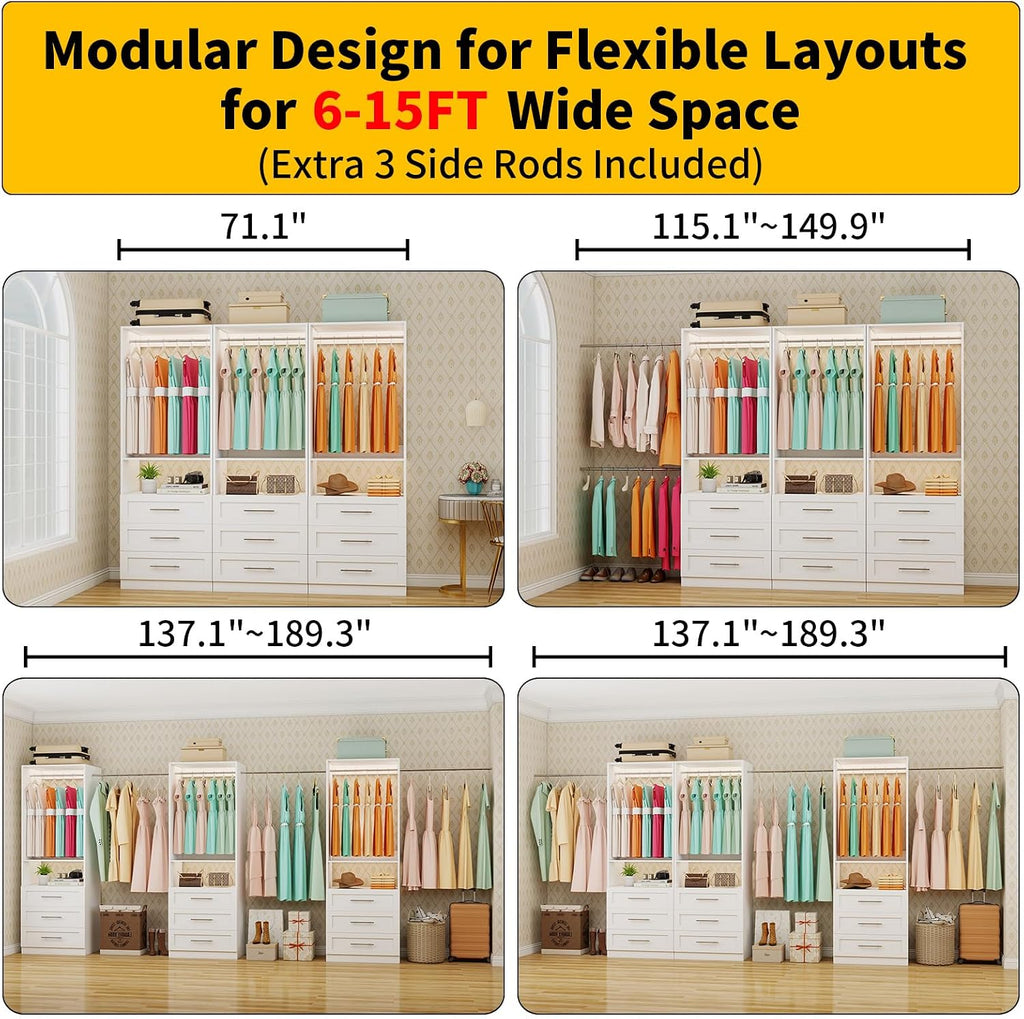 Closet System with 9 Drawers, 6-15FT Closet Systems for Walk in Closets with 6 Expandable Rods & 3 Shelves, Wood