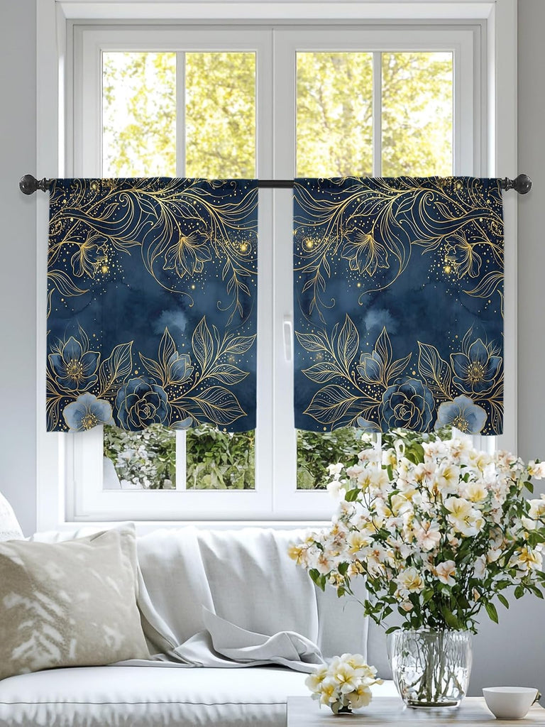 Luxury Floral Sheer Curtains Bedroom Blue Golden Lace Vintage Sheer Curtains 54 Inch Long 2 Panels Set Light