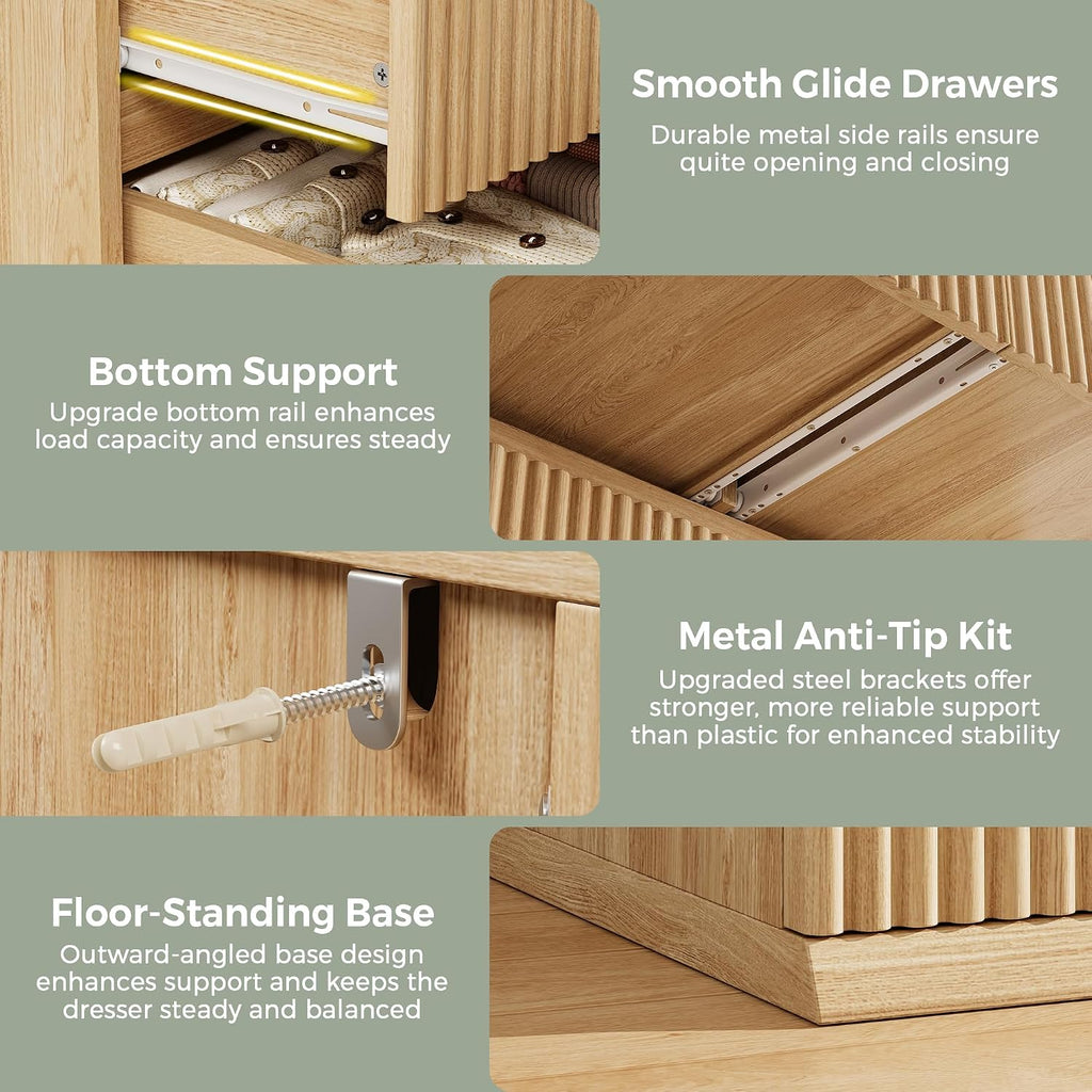 Fluted 6 Drawer Dresser , Modern Wood Chest of Drawers, Tall Storage Dresser with Deep Drawers, Handleless