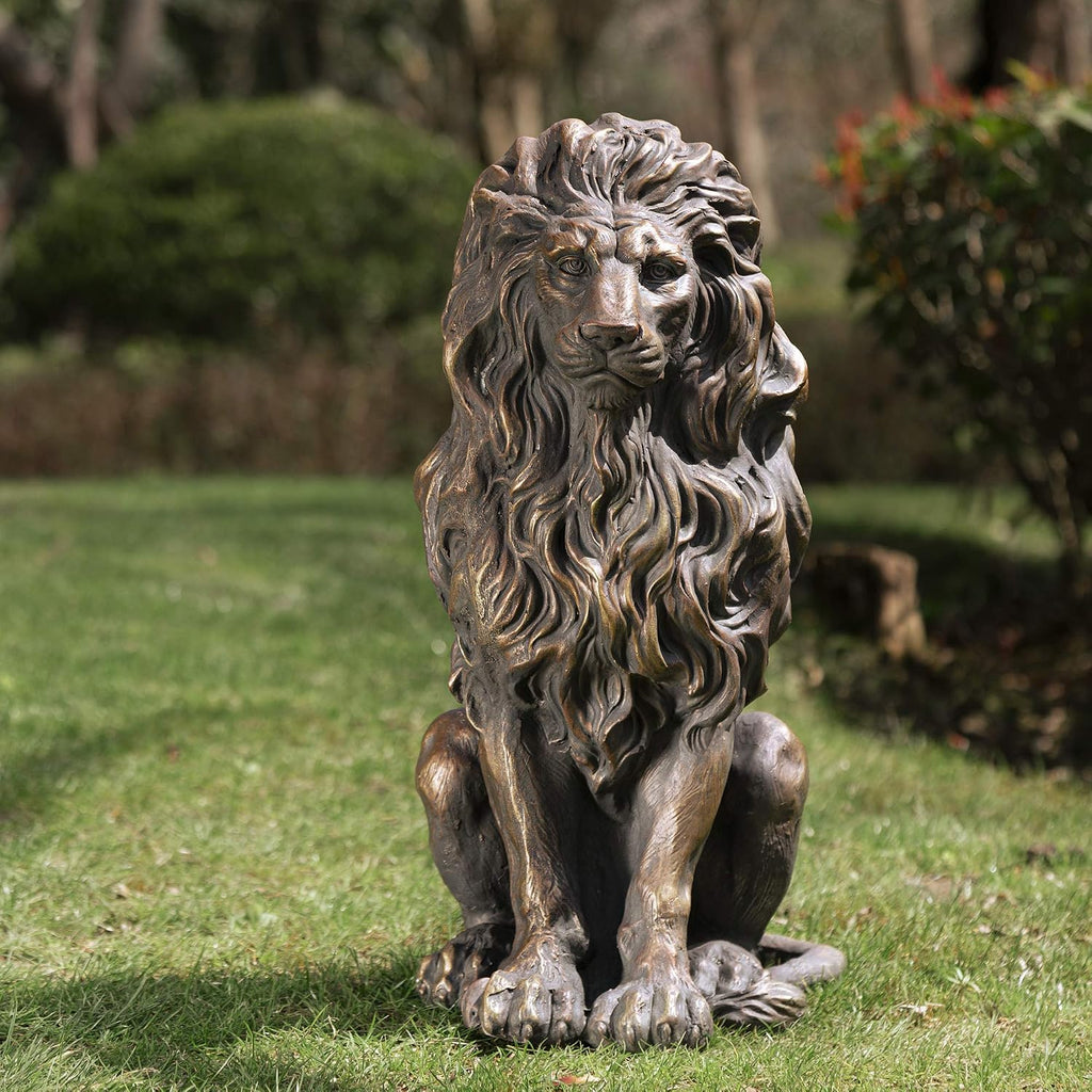 Guardian Sitting Lion Statue Regal Indoor Garden Sculpture Entrance Porch, 20.5in Tall, Bronze