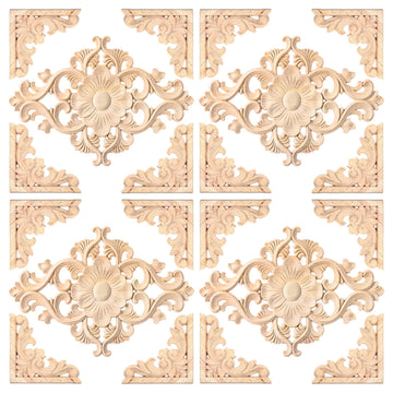20 Pcs (4 Set) Wooden Appliques Decorative Carved Onlays, Wooden Carved Appliques DIY Decoration for Wood Furniture