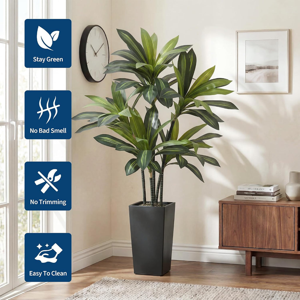 5FT Artificial Dracaena Tree with Black Tall Planter, Tall Fake Tree Indoor, Faux Plant in Pot Porch Decor, Easy