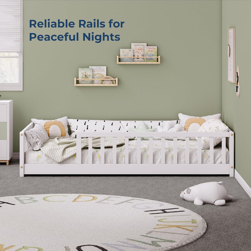 Twin Montessori Floor Bed with Rails | Solid Wood White Floor Bed Frame for Kids, Montessori Bed with Slats, No Box