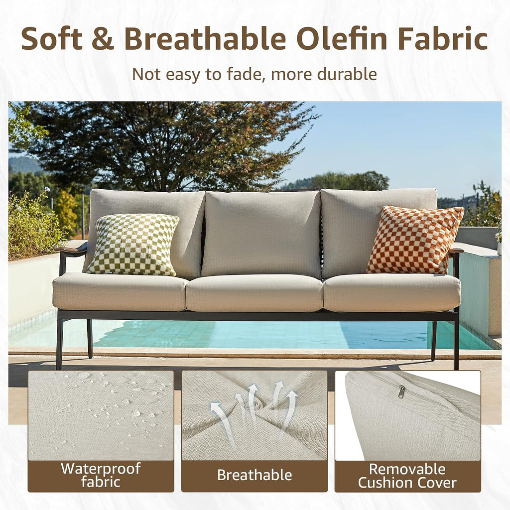 3-Seat Patio Couch Sofa, Wicker Back, Woodgrain Arm | Metal Outdoor Sofa with Adjustable Feet, Natural Wood-garin