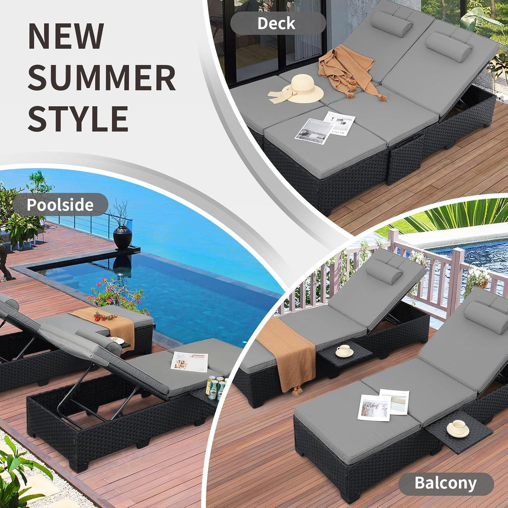 Outdoor Chaise Lounge Chairs for Outside Patio Furniture Set of 2 Wicker Recliner Black Rattan Sunbathing