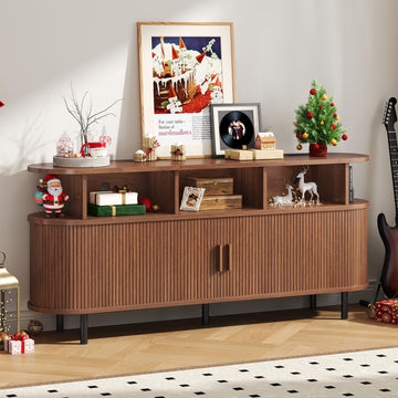 69" Large Round Record Player Stand with Charging Station, Walnut