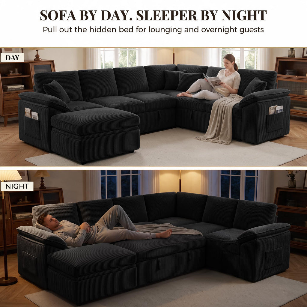 108'' Sectional Couches, Sectional Sleeper, Black