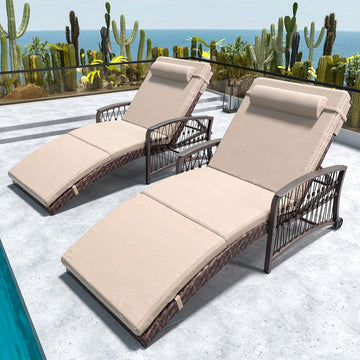 Outdoor Chaise Lounge Set of 2 Outdoor Wicker Rattan Patio Chairs Recliners with 5-Position Backrest & Thickened