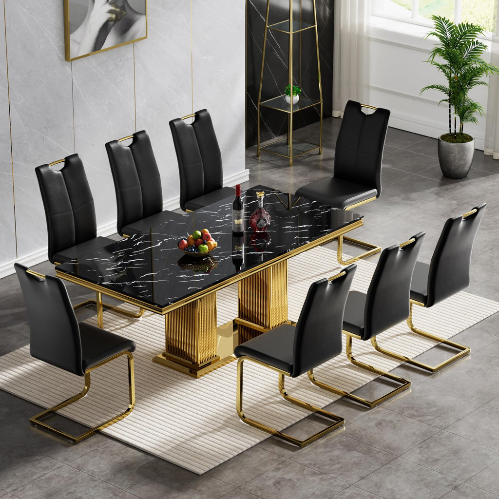 Faux Marble Dining Table Set for 8, Modern Kitchen Table Set with 8 Chairs